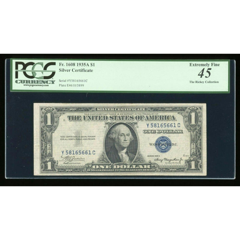 Certified 1935-A $1 Silver Certificate Blue seal Fr. 1608 YC Block PCGS 45 EF